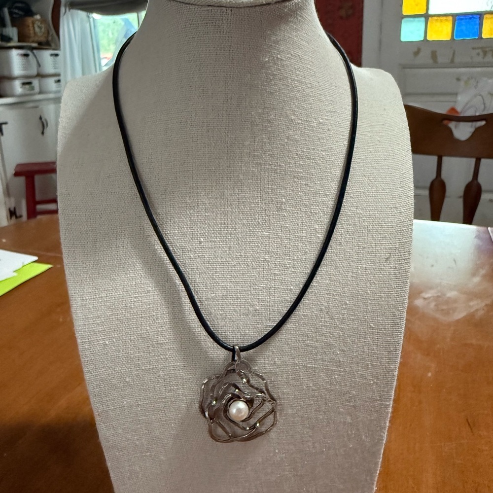 Silver and Black cord Necklace with Pearl Accent